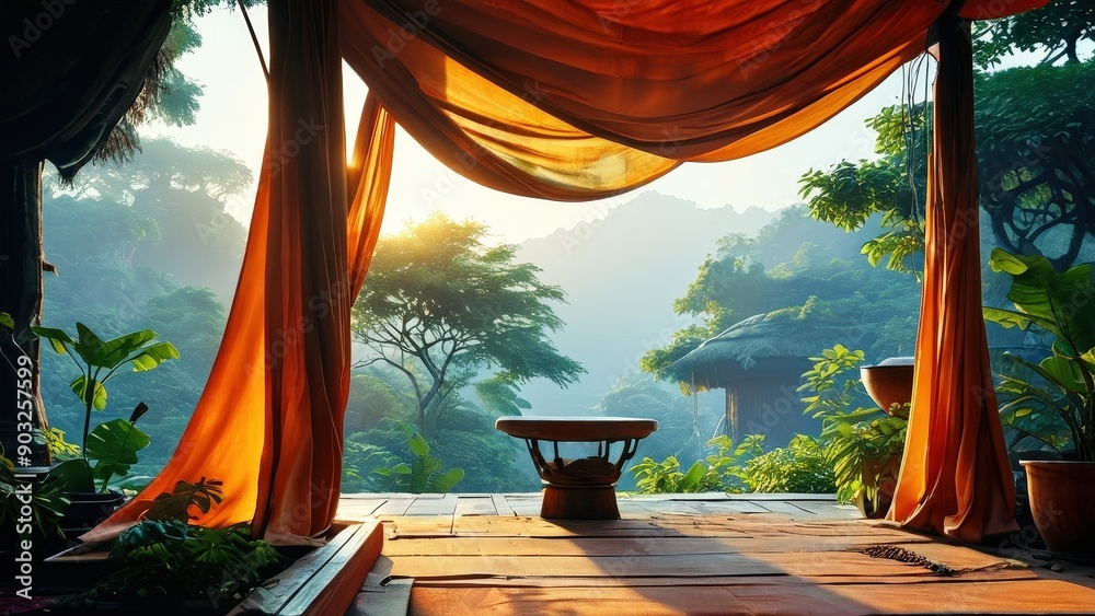 Tranquil Jungle Terrace with Orange Curtains. Tranquil Jungle Terrace with Orange Curtains.