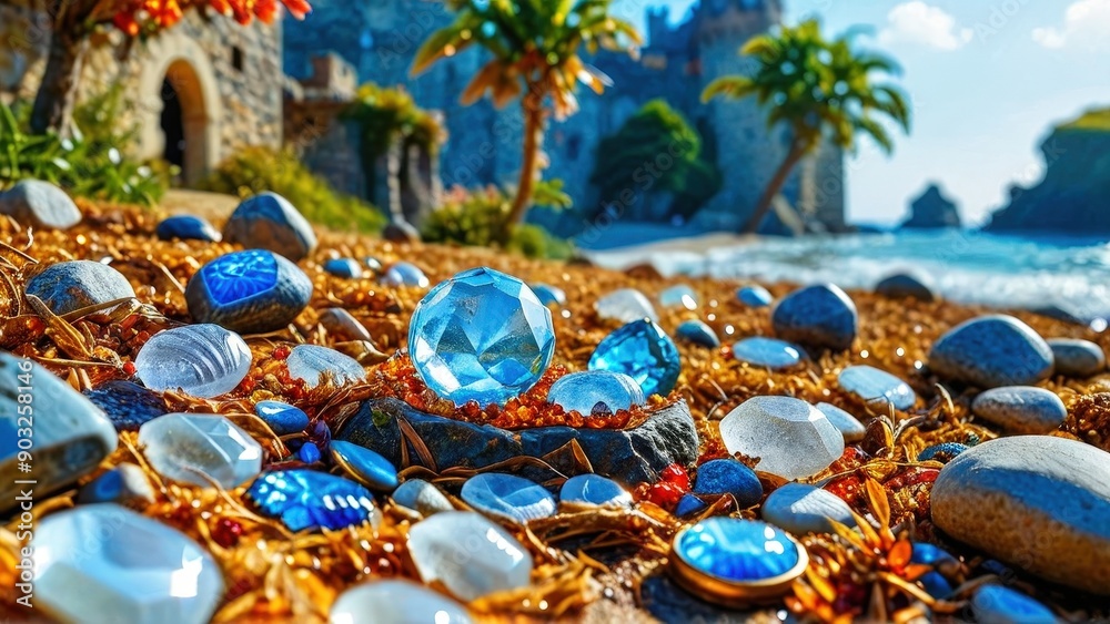 Blue Crystal Stones on a Beach.