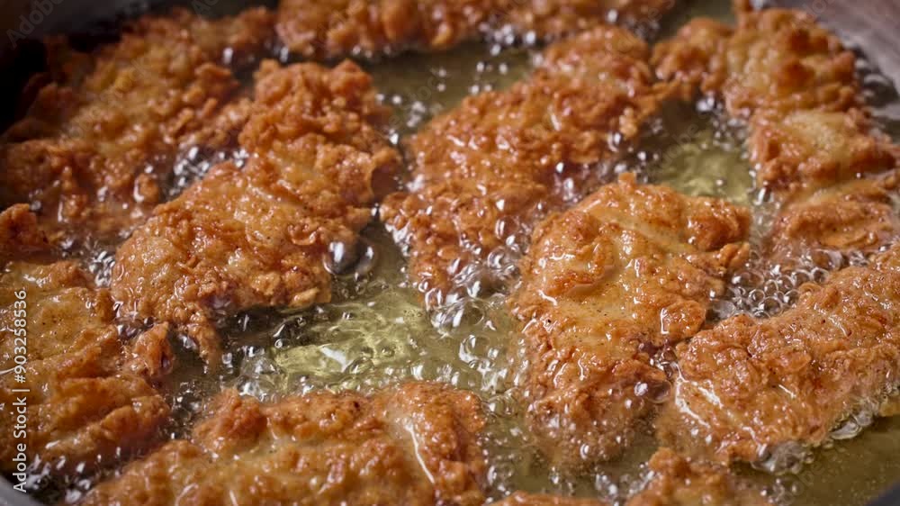crispy chicken meat pieces are fried in hot oil. the process of making a tasty snack, close-up of the food crispy chicken meat pieces are fried in hot oil. the process of making a tasty snack, close-up of the food
