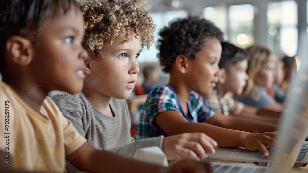 Young children in a classroom setting, each engaged with their laptops, showcasing the integration of technology in education and fostering learning and concentration. Young children in a classroom setting, each engaged with their laptops, showcasing the integration of technology in education and fostering learning and concentration.