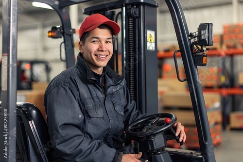 Happy forklift driver working in warehouse industry.