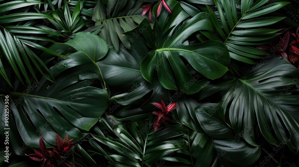 Fototapeta premium A beautiful and artistic arrangement of various green tropical leaves. The leaves display different shades of green and textures, creating a lush and visually stunning composition.