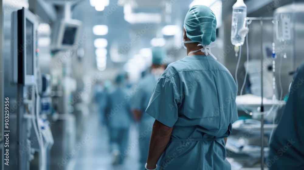 A view of medical personnel in scrubs going about their duties in a hospital hallway, embodying the hustle and dedication of healthcare professionals in a clinical setting. A view of medical personnel in scrubs going about their duties in a hospital hallway, embodying the hustle and dedication of healthcare professionals in a clinical setting.