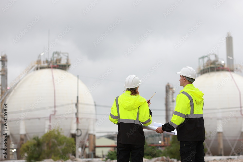 Male & Female engineers stand Discussing the building plan at the site, Engineers working outdoors and use walkie-talkies against the Round gas storage tank in the background Male & Female engineers stand Discussing the building plan at the site, Engineers working outdoors and use walkie-talkies against the Round gas storage tank in the background