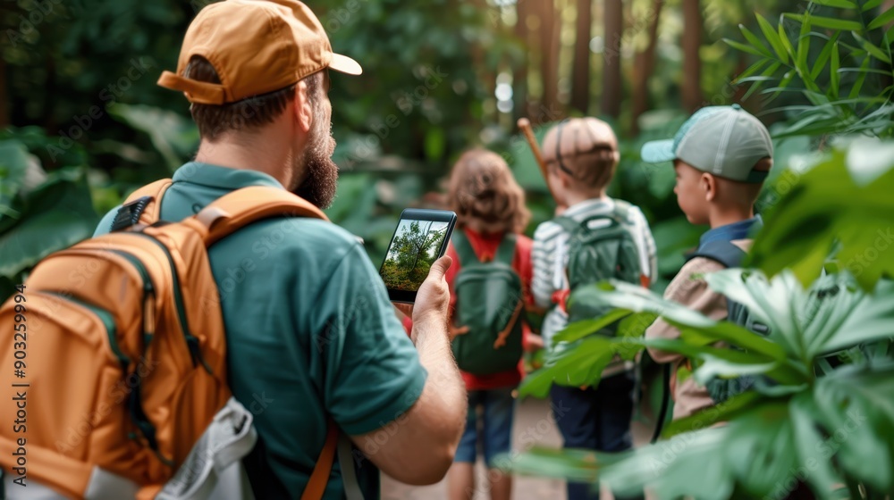 Fototapeta premium An adult man, carrying a backpack, leads a group of children on a nature hike through a dense, woody forest, showing them a vibrant plant on a tablet.