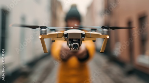 Close-up image of an individual holding a drone, ready for flight in an urban environment, highlighting modern technology and the use of drones in various fields.