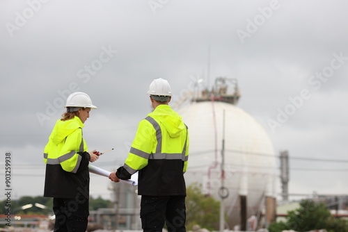 Male & Female engineers stand Discussing the building plan at the site, Engineers working outdoors and use walkie-talkies against the Round gas storage tank in the background