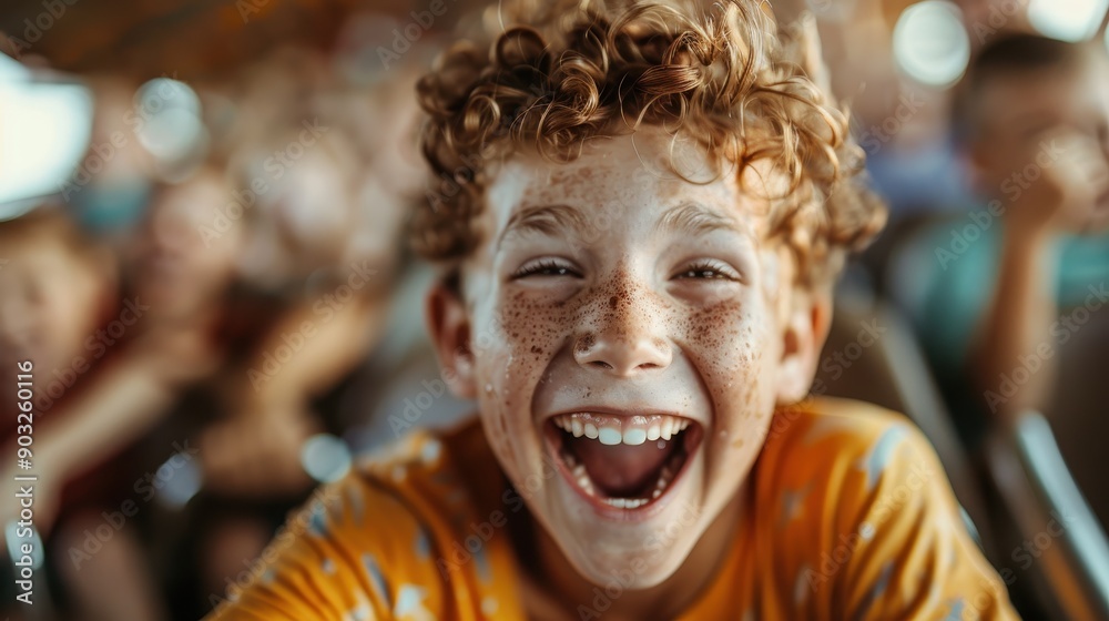 A young freckled child with curly hair, wearing a yellow shirt, laughing joyfully amid an animated group of children, exuding pure happiness and delight. A young freckled child with curly hair, wearing a yellow shirt, laughing joyfully amid an animated group of children, exuding pure happiness and delight.