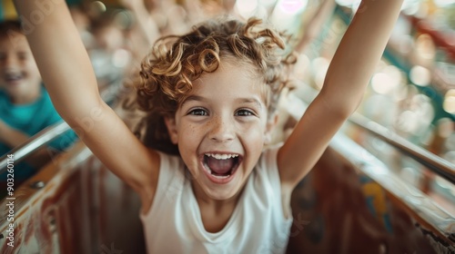 A thrilled child with curly hair and wide-open eyes, wearing a white shirt, raising arms in excitement while enjoying a rollercoaster ride with other children.