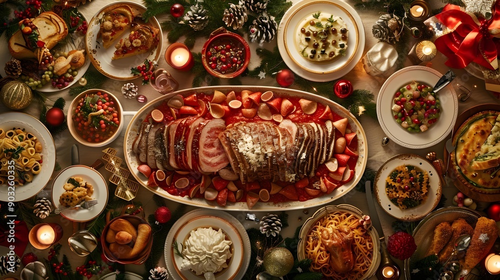 Italian holiday feast from a top-down view Italian holiday feast from a top-down view
