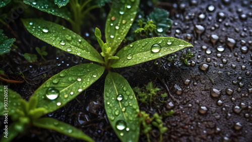 Macro View of Rain-Soaked Soil and Lush Green Plants