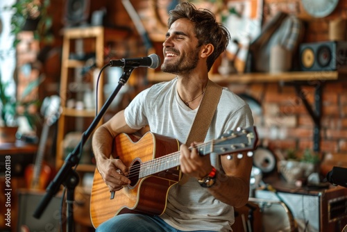 Man playing guitar and singing in music studio.