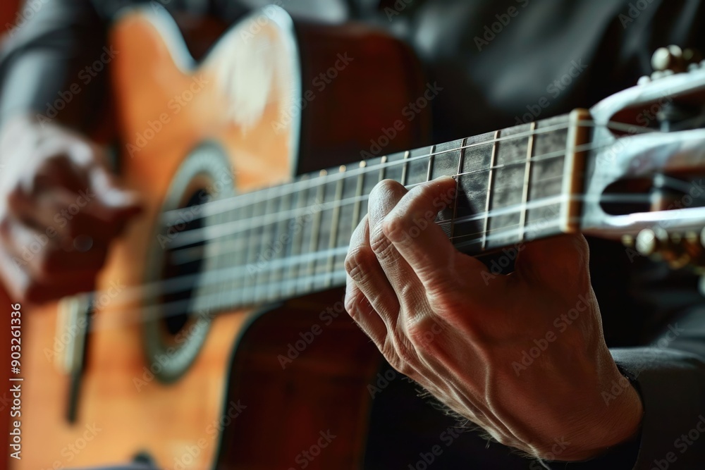 Closeup of Caucasian man playing guitar intensively. Closeup of Caucasian man playing guitar intensively.