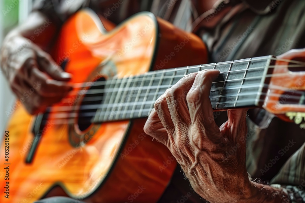 Obraz premium Man playing guitar at home learning music with passion.