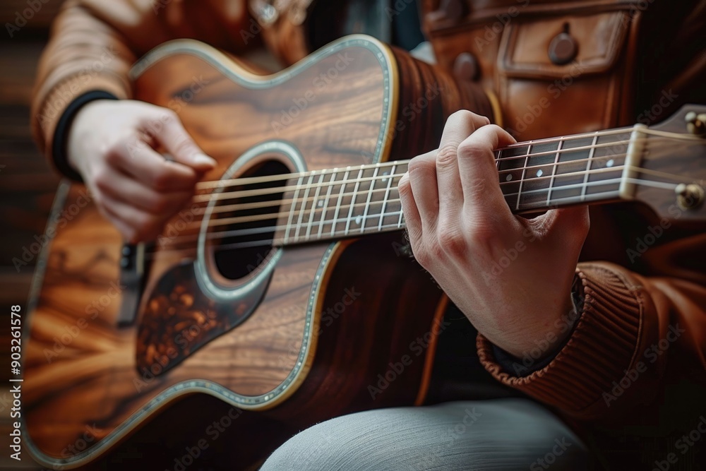 Obraz premium Learning Acoustic Guitar. Hands on the String Instrument Closeup Photo.