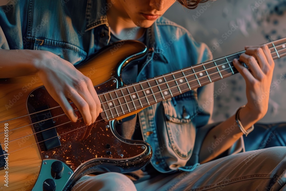 Obraz premium Young man playing electric bass guitar in close up image.