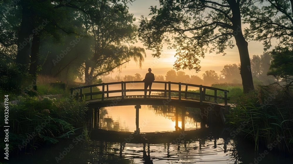 Fototapeta premium Man on a small bridge enjoying a tranquil dusk