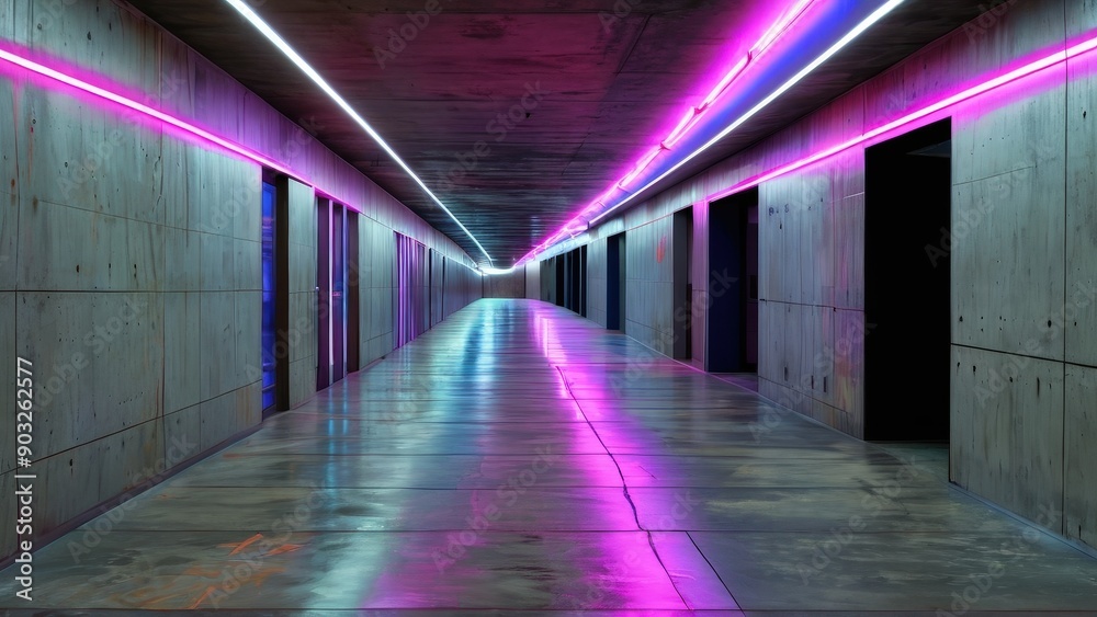 Neon Lights in a Concrete Corridor. Neon Lights in a Concrete Corridor.