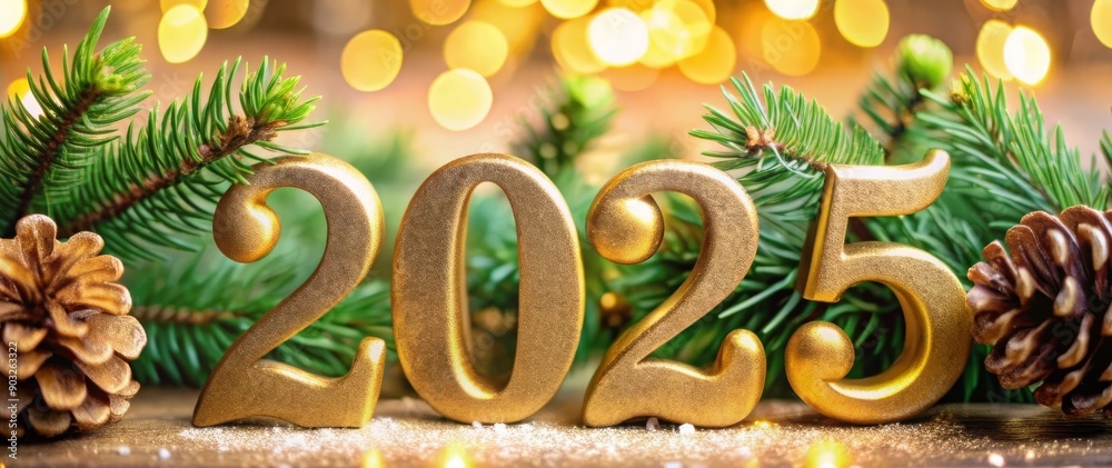 Shiny gold 2025 New Year numbers surrounded by green pine branches and cones Shiny gold 2025 New Year numbers surrounded by green pine branches and cones