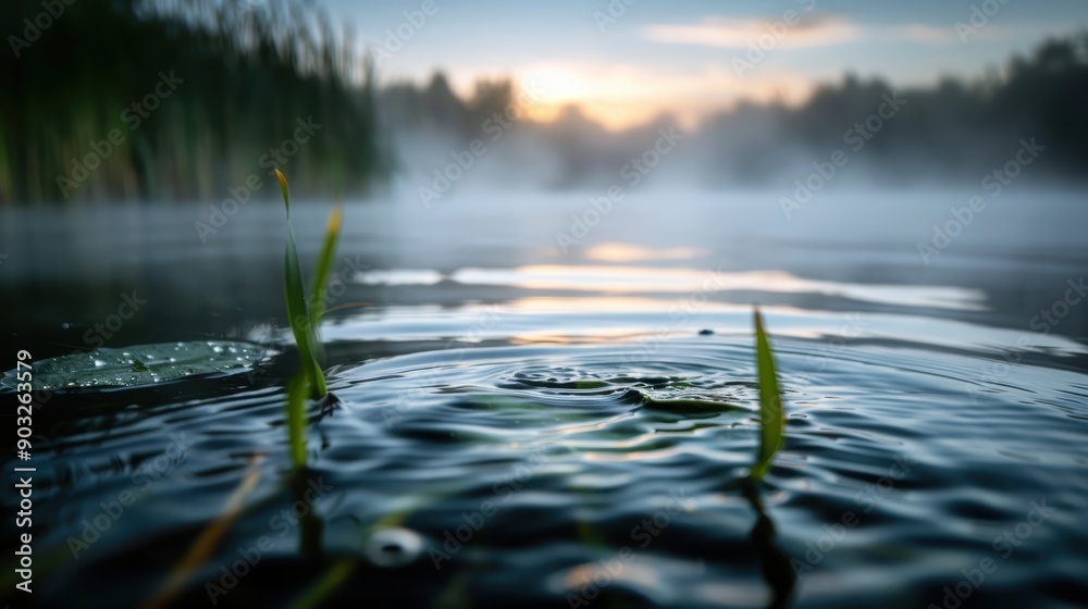 Fototapeta premium Peaceful dawn scene showing rippling water surface, surrounded by a misty landscape, with reeds and soft lighting, emphasizing tranquility and the beauty of nature at sunrise.