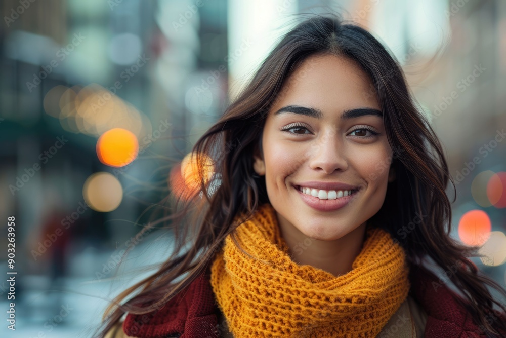 Obraz premium Happy Hispanic woman walking in the city.