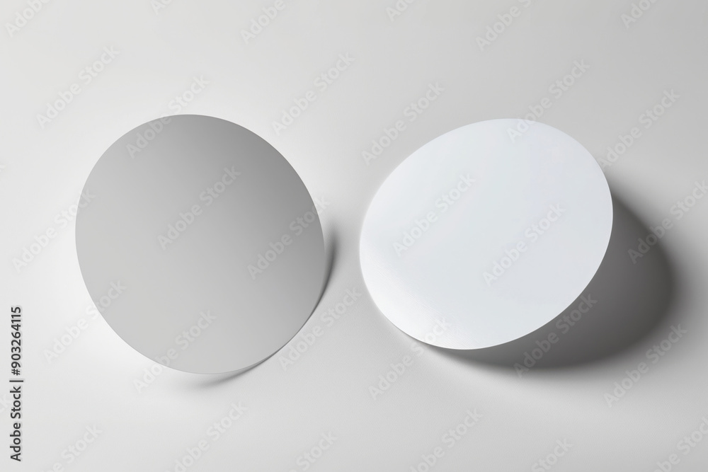 Two moving blank round paper stickers on white background Two moving blank round paper stickers on white background