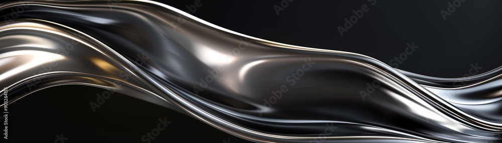 Obraz premium Shimmering 3D Metallic Wave on Solid Black Background - Abstract Silver Design Element