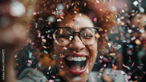 A woman with glasses and an exuberant smile is joyfully celebrating by throwing colorful confetti, surrounded by a cheerful group of friends in a lively party setting. photo