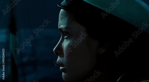  closeup footage of a young sailor woman with a concerned expression during a rainstorm.