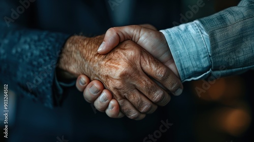 The image captures a heartfelt moment where two elderly men shake hands with each other in a formal setting, depicting warmth, respect, and the strength of a positive relationship. photo