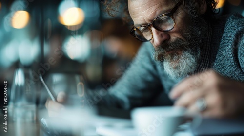 The image features a man deeply engrossed in writing on paper while sitting at a coffee shop, with a coffee cup nearby on the wooden table, the scene suggesting contemplation or creativity. photo