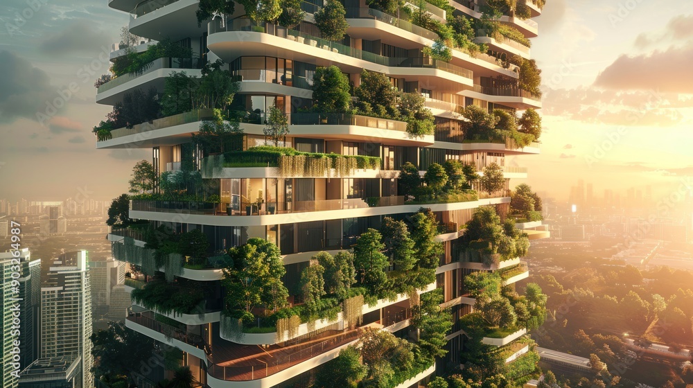 Obraz premium Modern Skyscraper with Lush Greenery and Curved Balconies