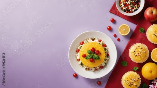 Wallpaper Mural Fresh Lemon Tartlets with Berries and Salad on a Purple Table. Torontodigital.ca