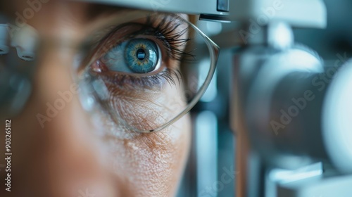 An eye is captured in a detailed close-up while undergoing an optometric examination, emphasizing the importance of ocular health and the precision of modern medical equipment.