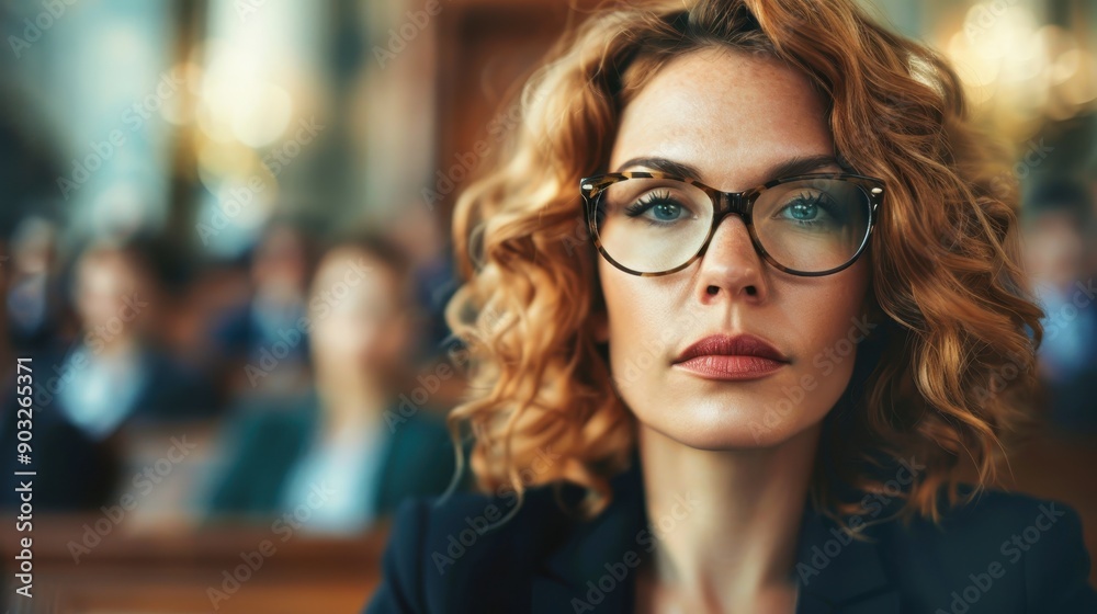 A woman with glasses and curly hair, dressed in a formal outfit, is attentively listening in a setting that appears to be a courtroom or a formal meeting space, others are blurred. A woman with glasses and curly hair, dressed in a formal outfit, is attentively listening in a setting that appears to be a courtroom or a formal meeting space, others are blurred.