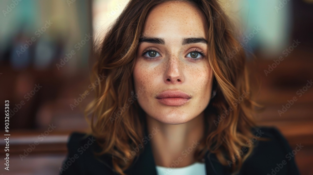 A young woman with freckles and wavy hair is posing in a formal meeting setting, reflecting a look of composure and confidence, with a blurred background of other participants. A young woman with freckles and wavy hair is posing in a formal meeting setting, reflecting a look of composure and confidence, with a blurred background of other participants.