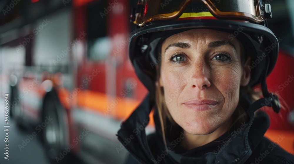 A female firefighter wearing her helmet and uniform, standing in front of her fire truck, captures a calm and composed demeanor, representing bravery and dedication. A female firefighter wearing her helmet and uniform, standing in front of her fire truck, captures a calm and composed demeanor, representing bravery and dedication.
