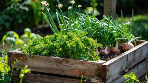 Country garden with parsley and onions in a raised wooden herb bed focused image