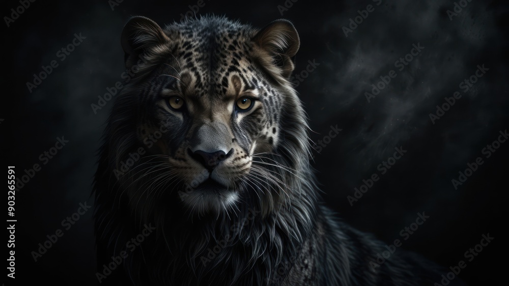 Fototapeta premium Black lion an enigmatic chimera emerges from the shadows its form