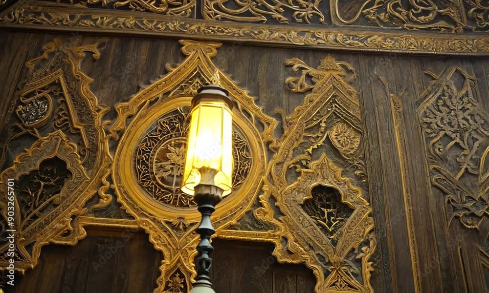 Golden Lantern in Intricate Islamic Architecture: A single, lit lantern casts a warm glow against the backdrop of a richly ornamented wooden door, showcasing intricate Islamic calligraphy and geometri