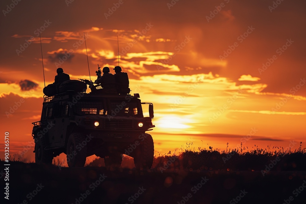 Fototapeta premium Military vehicle with soldiers against sunset background. Concept of war and army