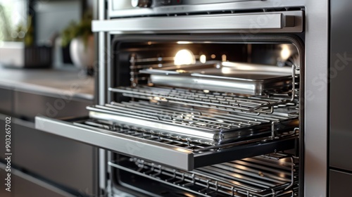 Stainless Steel Oven Interior with Multiple Racks and Trays