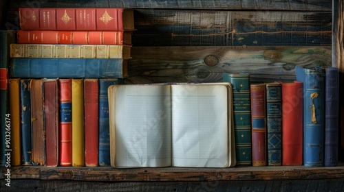 Open Blank Notebook Amidst Antique Books on a Wooden Shelf photo