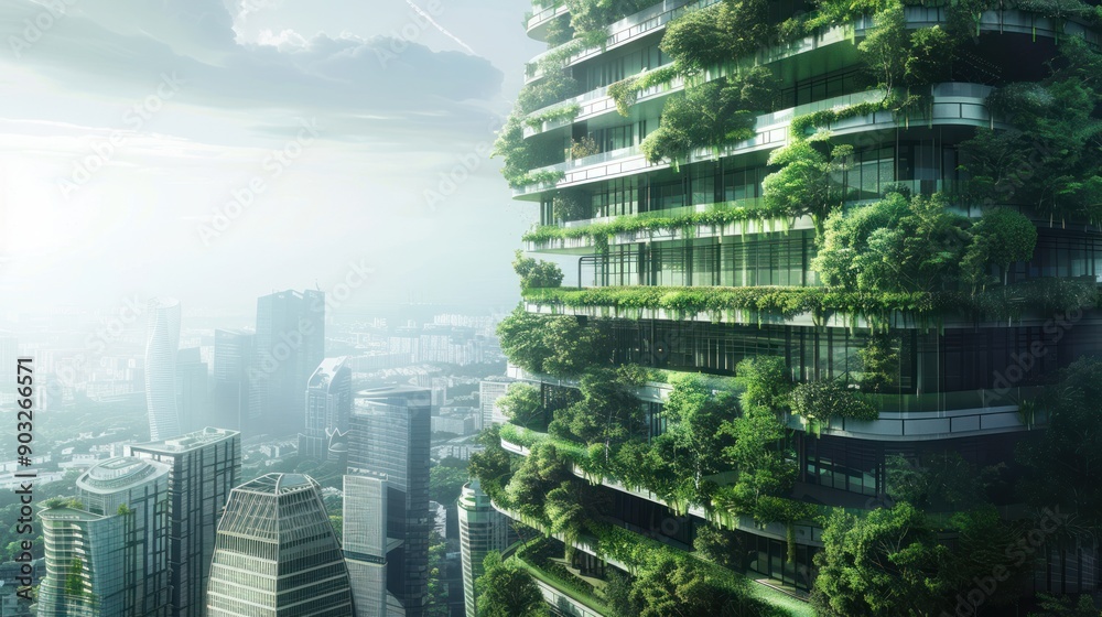 Obraz premium A Modern Skyscraper Covered in Lush Greenery