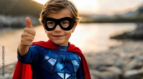 young boy dressed as a superhero giving a thumbs up	