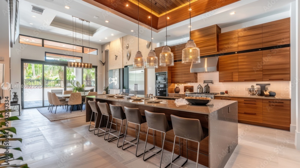 Modern Kitchen with Island, Bar Stools, and Wooden Cabinets Modern Kitchen with Island, Bar Stools, and Wooden Cabinets