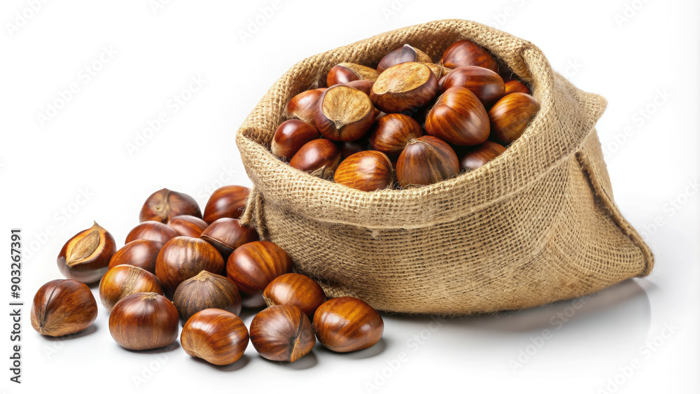 paper bag with roasted chestnuts on a white background, autumn traditional food, meal, nuts, packaging, delicious snack, phallus, hazelnuts, illustration, handful, shell, brown paper bag with roasted chestnuts on a white background, autumn traditional food, meal, nuts, packaging, delicious snack, phallus, hazelnuts, illustration, handful, shell, brown