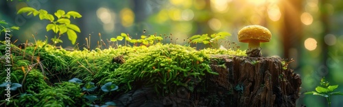 Mushroom Landscape with Bell Pepper and Xeromphalina Campanella on Tree Stump and Fresh Green Moss in Morning Sun photo