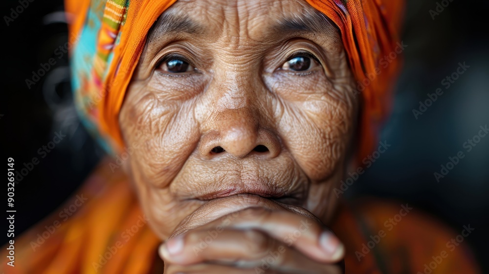 An elderly woman with a colorful headscarf, her weathered face and clasped hands capturing a moment of reflection or prayer, highlighting wisdom and experience. An elderly woman with a colorful headscarf, her weathered face and clasped hands capturing a moment of reflection or prayer, highlighting wisdom and experience.