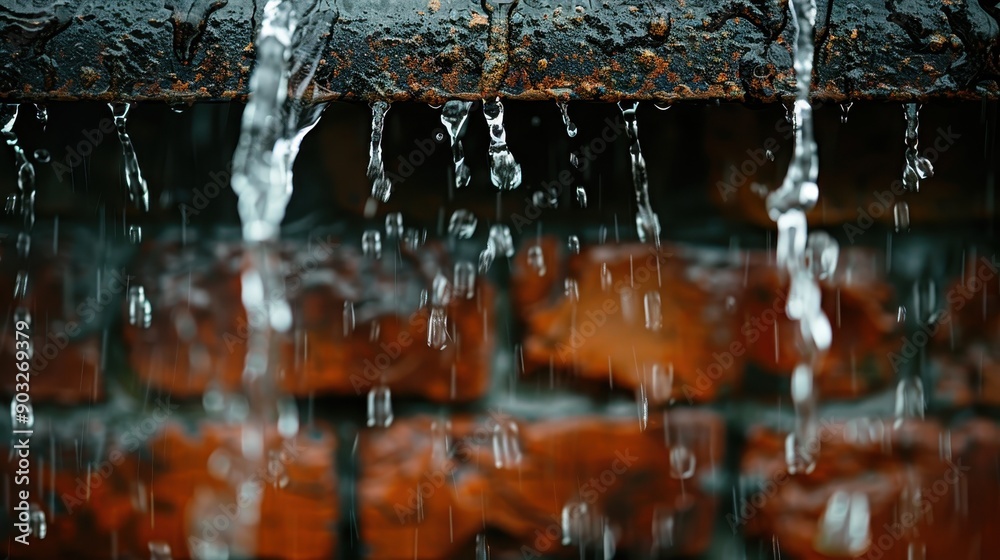 Raindrops are seen dripping off a rusty metal roof, capturing the unique texture of rust mixed with water droplets, creating a scene of weathered beauty and industrial charm. Raindrops are seen dripping off a rusty metal roof, capturing the unique texture of rust mixed with water droplets, creating a scene of weathered beauty and industrial charm.